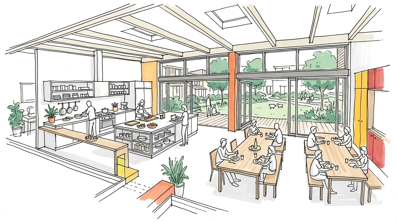 Disegno di una cucina e sala da pranzo comuni, con persone che cucinano e mangiano insieme